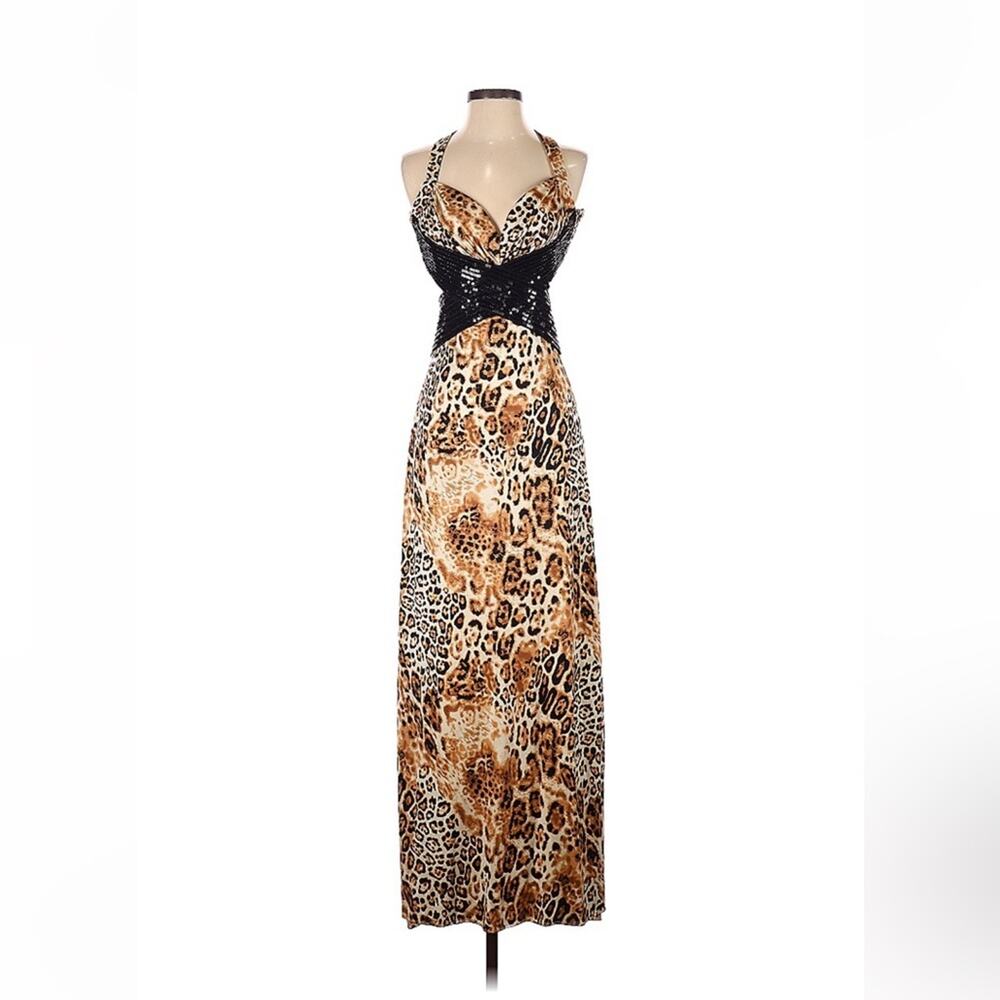Dimitra Designs leopard Cheetah and sequin hi lo maxi cocktail‎ dress, size 1/2